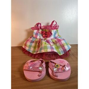 Build A Bear Pink Plaid Summer Dress With Pink Flip Flops